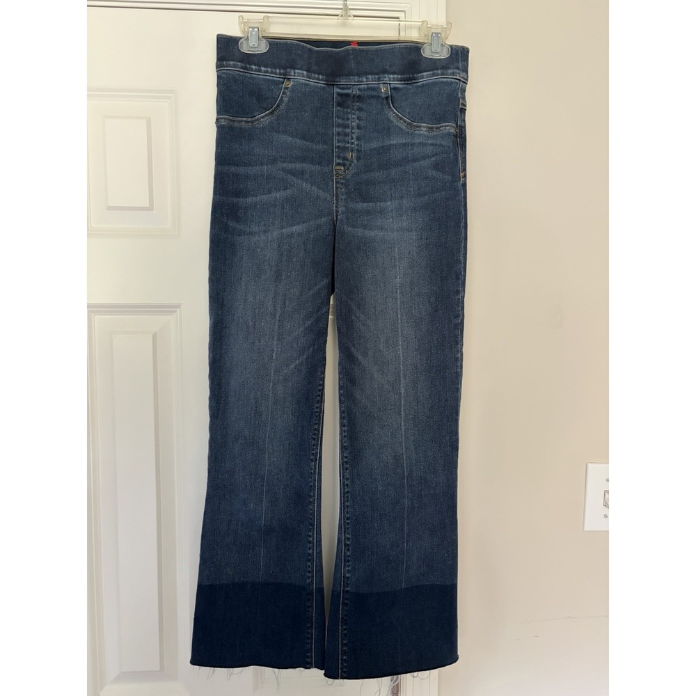 SPANX High Rise Pull-on Crop Flare Jeans Small S in Medium Wash Dip Dye 20231R